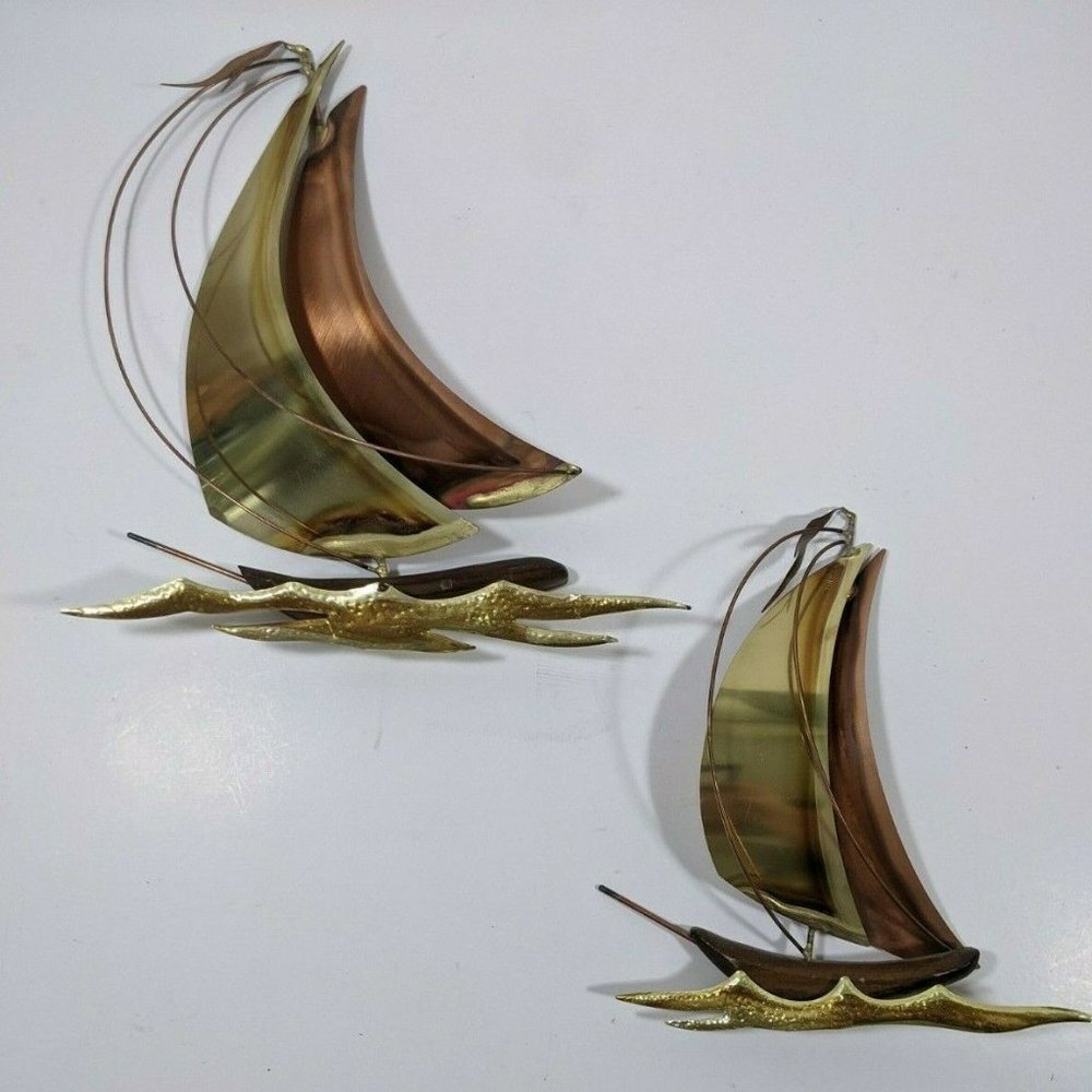 2 Vintage Hammered Brass Copper Metal Sailboats Wa